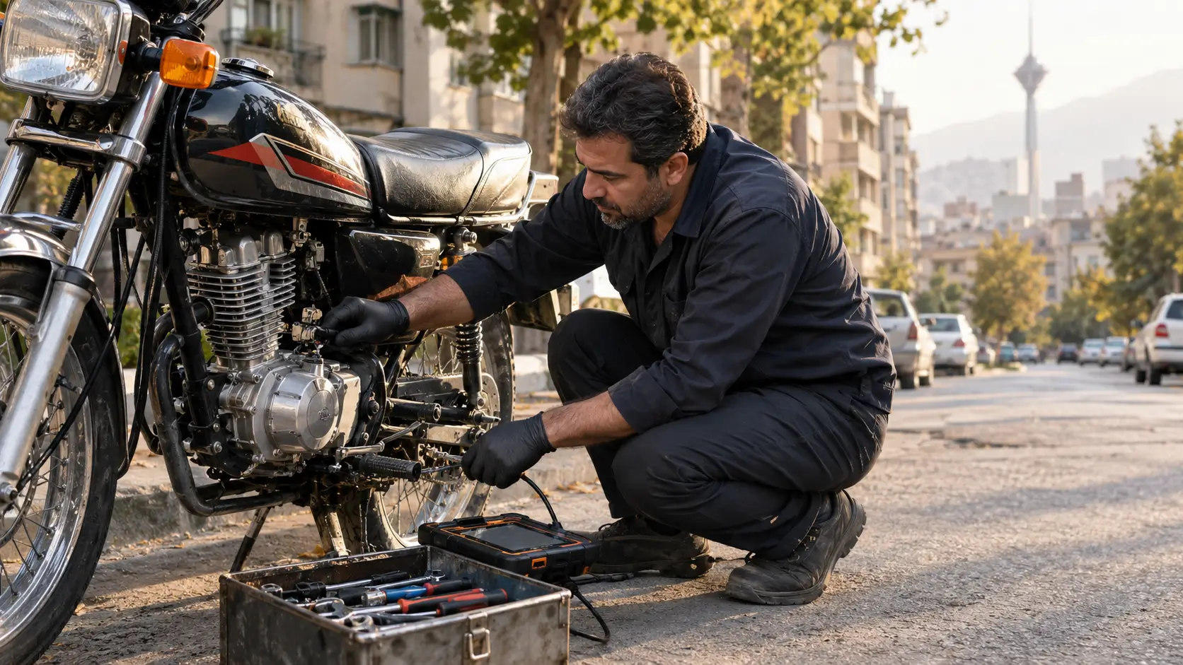 مکانیک سیار در حال عیبیابی موتورسیکلت در محل، خیابان تهران